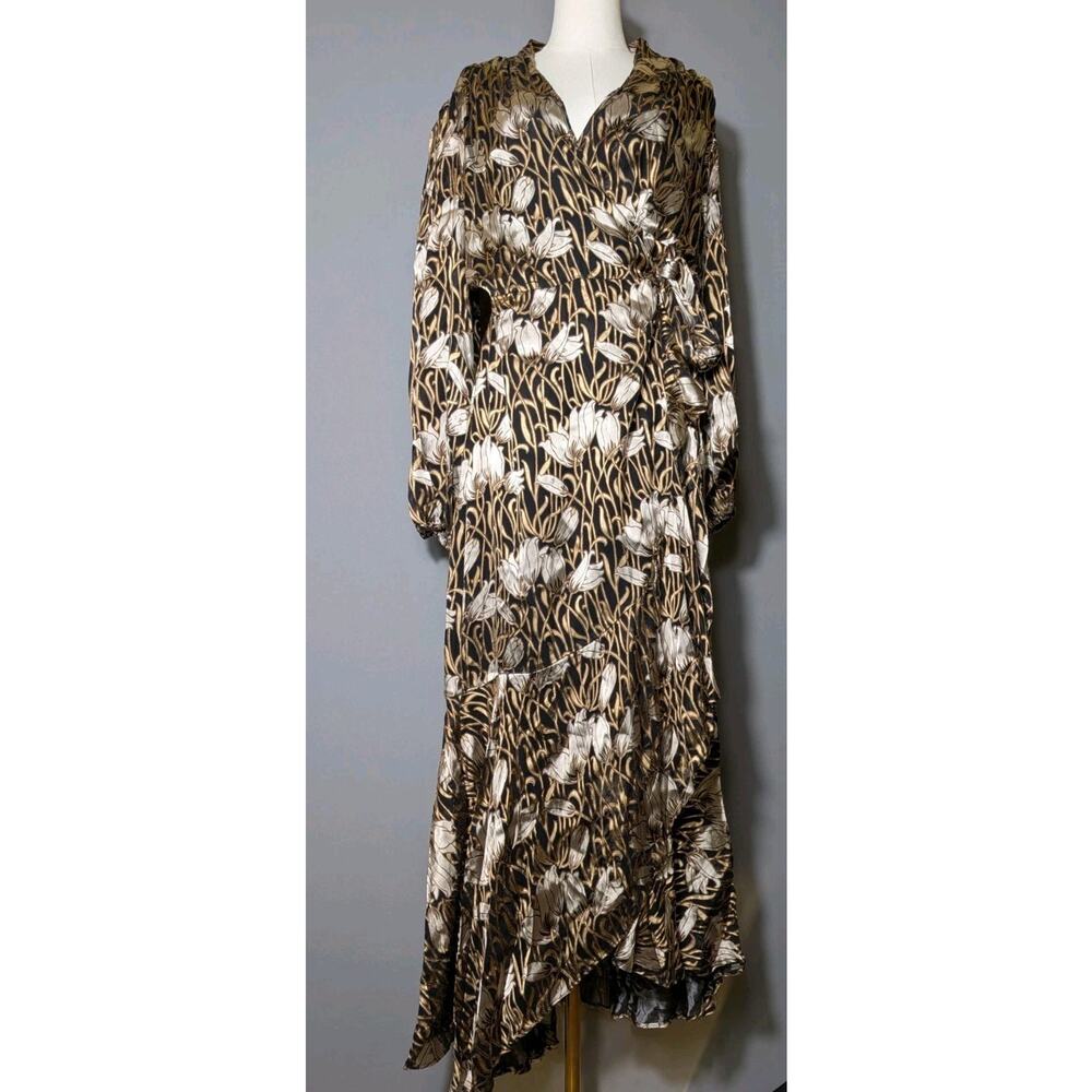 Banana Republic Maxi Silk Wrap Dress Large Black Gold Floral Long Sleeve Ruffles